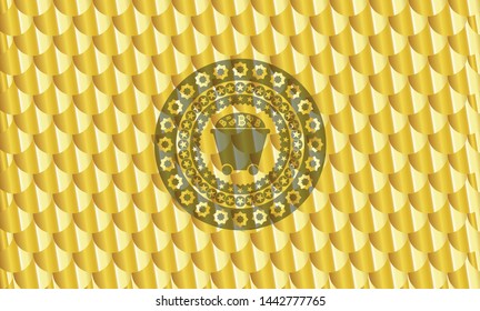 Bitcoin mining trolley icon inside golden emblem. Scales pattern. Vector Illustration. Detailed.