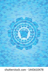 Bitcoin mining trolley icon inside realistic light blue emblem. Mosaic background