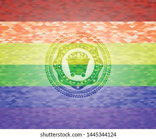 Bitcoin mining trolley icon inside emblem on mosaic background with the colors of the LGBT flag