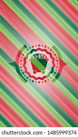 Bitcoin mining trolley icon inside christmas colors style badge.