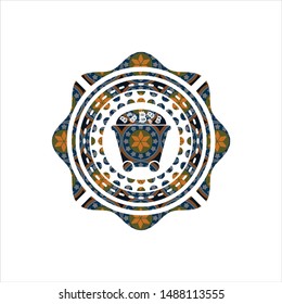 Bitcoin mining trolley icon inside arabesque style badge. arabic decoration.