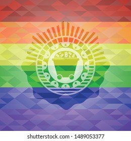 Bitcoin mining trolley icon inside emblem on mosaic background with the colors of the LGBT flag