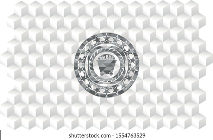 Bitcoin mining trolley icon inside realistic grey emblem with cube white background