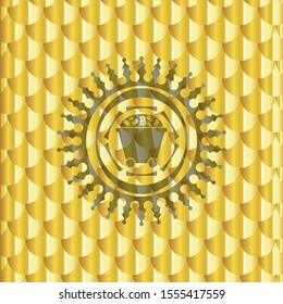Bitcoin mining trolley icon inside gold shiny badge. Scales pattern. Vector Illustration. Detailed.