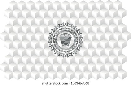 Bitcoin mining trolley icon inside grey emblem. Retro with geometric cube white background