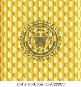 Bitcoin mining trolley icon inside golden badge. Scales pattern. Vector Illustration. Detailed.