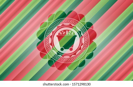 Bitcoin mining trolley icon inside christmas colors style emblem.