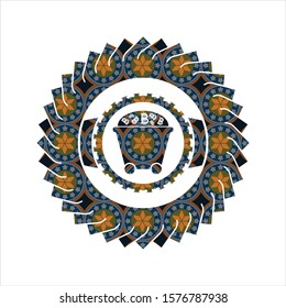 Bitcoin mining trolley icon inside arabic style badge. Arabesque decoration.