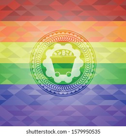 Bitcoin mining trolley icon inside emblem on mosaic background with the colors of the LGBT flag