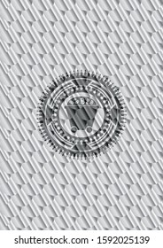 Bitcoin mining trolley icon inside silver color emblem or badge. Scales pattern. Vector Illustration. Detailed.