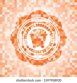 Bitcoin mining trolley icon inside abstract orange mosaic emblem with background