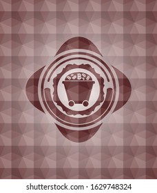 Bitcoin mining trolley icon inside red polygonal badge. Seamless.