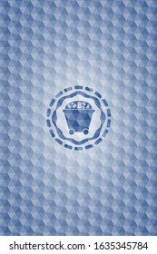 Bitcoin mining trolley icon inside blue emblem or badge with abstract geometric polygonal pattern background.