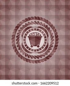 Bitcoin mining trolley icon inside red seamless emblem or badge with abstract geometric pattern background.