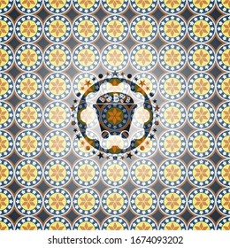 Bitcoin mining trolley icon inside arabic badge background. Arabesque decoration.