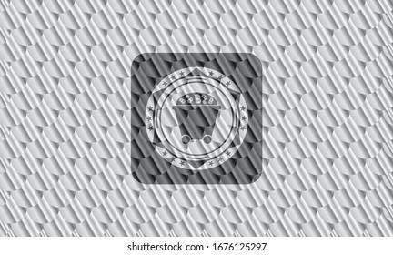 Bitcoin mining trolley icon inside silver badge or emblem. Scales pattern. Vector Illustration. Detailed.