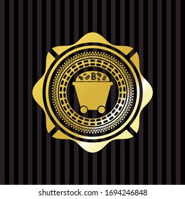 Bitcoin mining trolley icon inside gold shiny badge