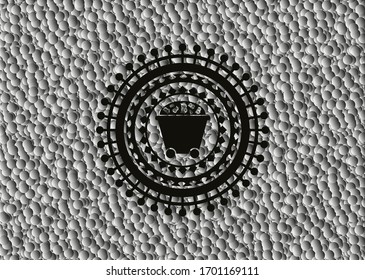 Icono de carro de minería de bitcoin dentro del emblema oscuro con fondo de burbujas grises. Retro. Ilustración vectorial. Detallado.