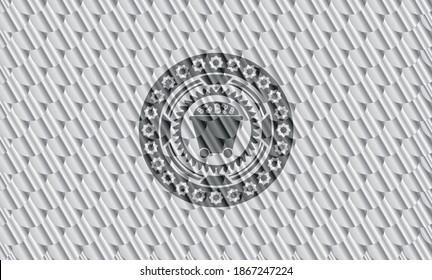 Bitcoin mining trolley icon inside silver shiny badge. Scales pattern. Vector Illustration. Detailed. 