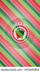 Bitcoin mining trolley icon inside christmas style emblem. 