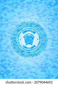 Bitcoin mining trolley icon inside sky blue emblem. Mosaic background. 