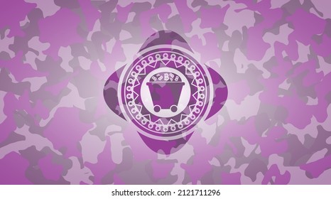 Bitcoin mining trolley icon inside pink and purple camouflaged emblem. 