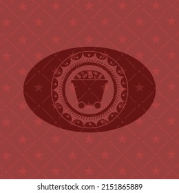 Bitcoin mining trolley icon inside vintage red emblem. 