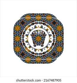 Bitcoin mining trolley icon inside arabesque badge. arabic decoration. 