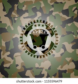 Bitcoin mining trolley icon on camouflaged pattern