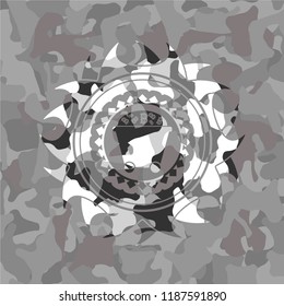 Bitcoin mining trolley icon on grey camouflaged pattern