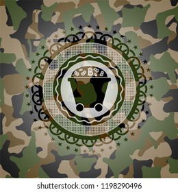 Bitcoin mining trolley icon on camouflaged pattern
