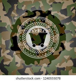 Bitcoin mining trolley icon on camo pattern