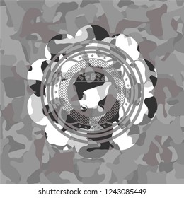 Bitcoin mining trolley icon on grey camo pattern