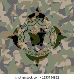 Bitcoin mining trolley icon on camouflage texture