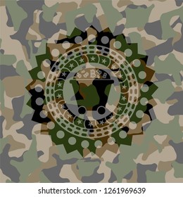 Bitcoin mining trolley icon on camouflaged pattern