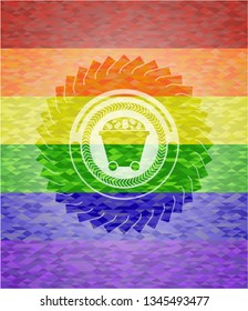 Bitcoin mining trolley icon on mosaic background with the colors of the LGBT flag