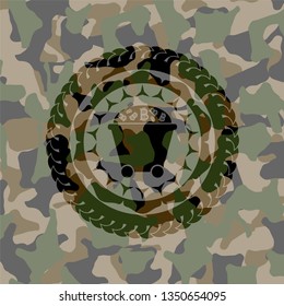 Bitcoin mining trolley icon on camo pattern