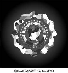 Bitcoin mining trolley icon on grey camo pattern