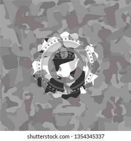 Bitcoin mining trolley icon on grey camo pattern