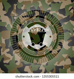 Bitcoin mining trolley icon on camouflage pattern