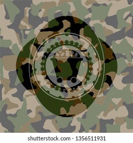 Bitcoin mining trolley icon on camouflaged texture