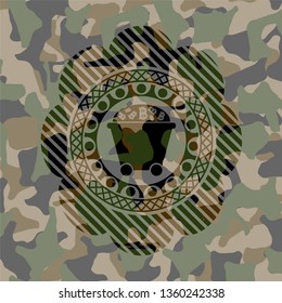 Bitcoin mining trolley icon on camouflage pattern