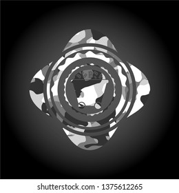 Bitcoin mining trolley icon on grey camouflage pattern