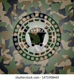 Bitcoin mining trolley icon on camouflage pattern