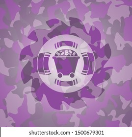 Bitcoin mining trolley icon on pink and purple camo pattern
