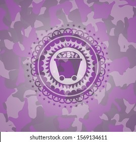 Bitcoin mining trolley icon on pink and purple camo pattern
