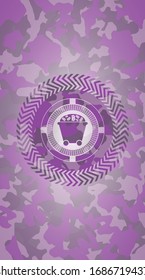 Bitcoin mining trolley icon on pink and purple camouflage texture