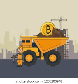 coche de minería de bitcoin y trabajador con taladro