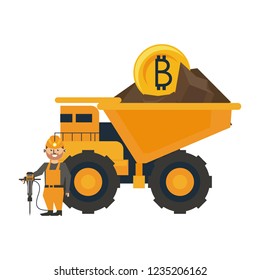 Bitcoin mining truck and worker with drill