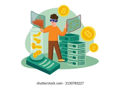 Bitcoin mining using VR Illustration concept. Flat illustration isolated on white background